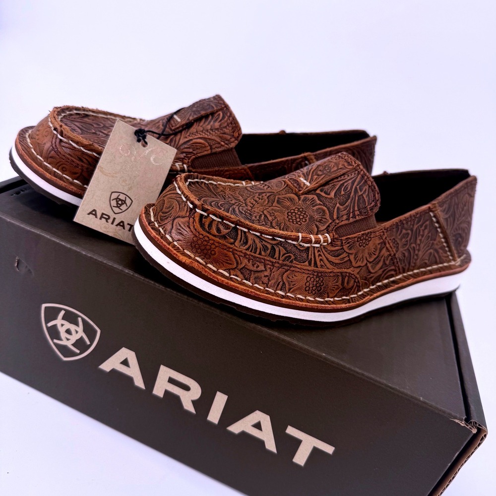 Ariat Cruiser Women 6.5 Brown Floral Emboss Tooled Leather Slip On Shoes Western